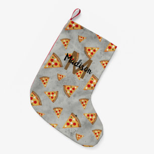 Cool pizza slices vintage grey pattern Monogram Small Christmas Stocking