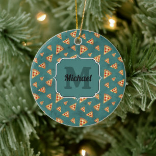Cool pizza slices vintage teal pattern Monogram Ceramic Tree Decoration