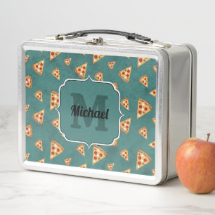 Cool pizza slices vintage teal pattern Monogram Metal Lunch Box