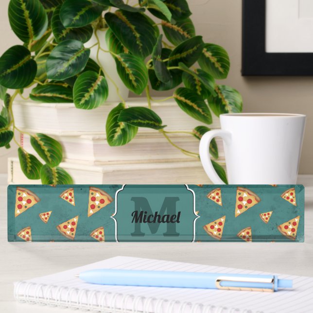Cool pizza slices vintage teal pattern Monogram Nameplate