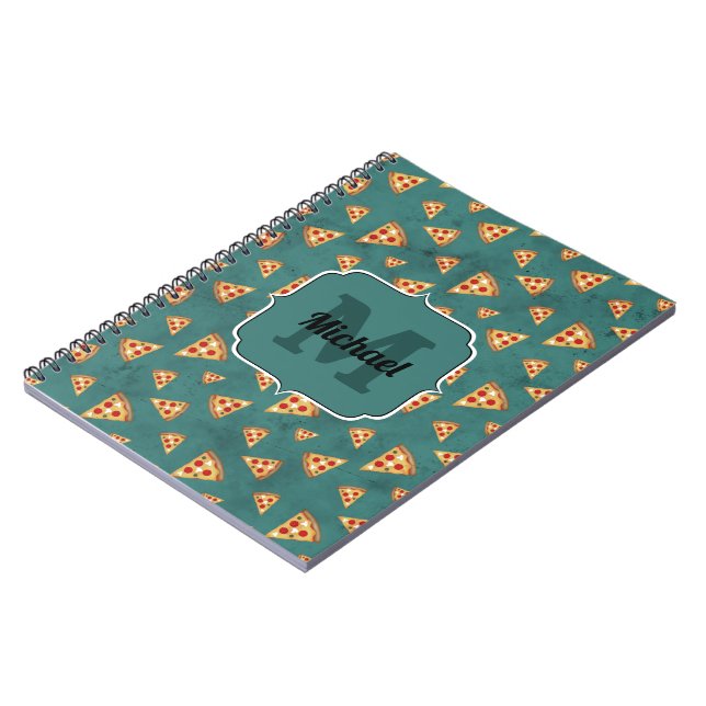 Cool pizza slices vintage teal pattern Monogram Notebook (Left Side)