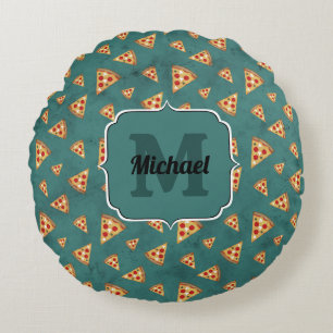 Cool pizza slices vintage teal pattern Monogram Round Cushion