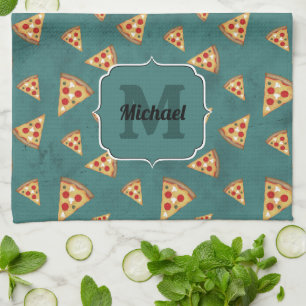 Cool pizza slices vintage teal pattern Monogram Tea Towel
