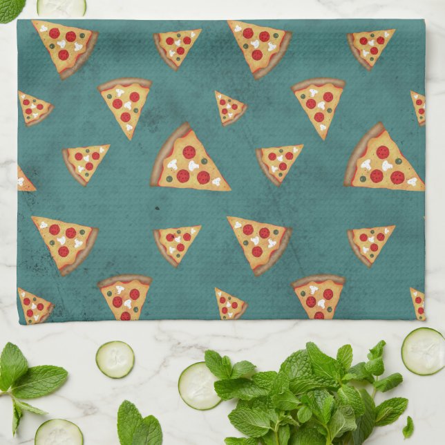 Cool pizza slices vintage teal pattern tea towel (Folded)