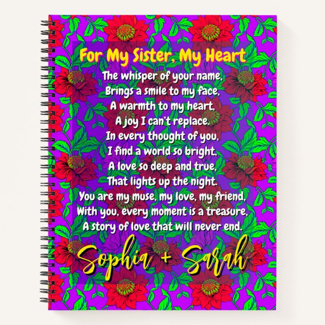 Cool Poem for My Sister | Personalised Floral Gift Notebook (Front)