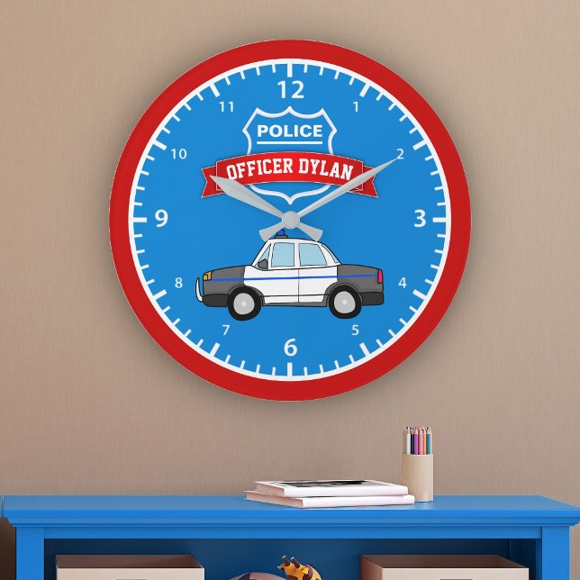Cool Police Car Personalized Name Kids Room Large Clock (Creator Uploaded)