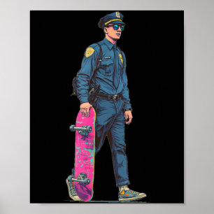 Cool Police Man with Colourful Skateboard Costume Poster