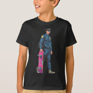 Cool Police Man with Colourful Skateboard Costume T-Shirt