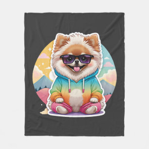 Cool Pomeranian in Rainbow Hoodie Fleece Blanket