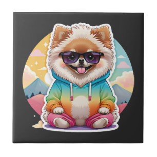 Cool Pomeranian in Rainbow Hoodie Tile