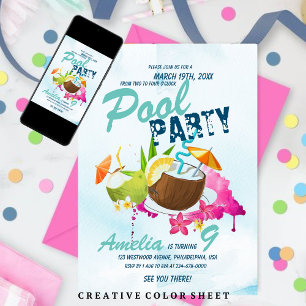 Cool Pool Party Birthday Tropical Party Invitation