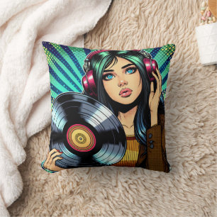 Cool Pop Art Comic Style Girl with Vinyl Album Cushion
