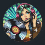 Cool Pop Art Comic Style Girl with Vinyl Album Large Clock<br><div class="desc">Pop art style comic girl with headphones on listening to music and a vinyl record in her hands.</div>