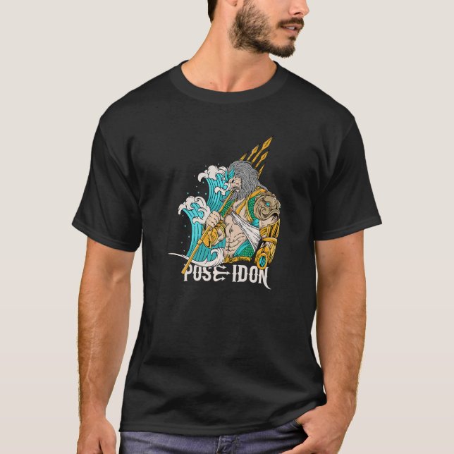 Cool Poseidon God Of The Sea in Ancient Greek Reli T-Shirt (Front)