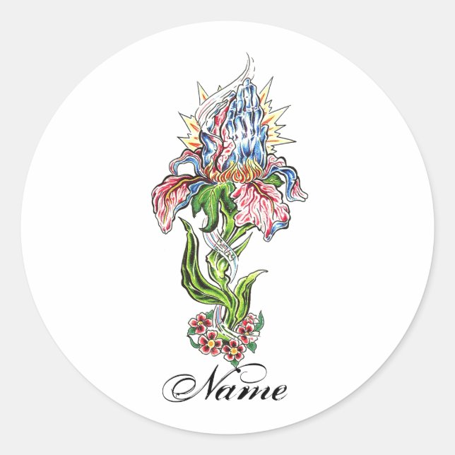 Cool praying hands flower tattoo classic round sticker (Front)