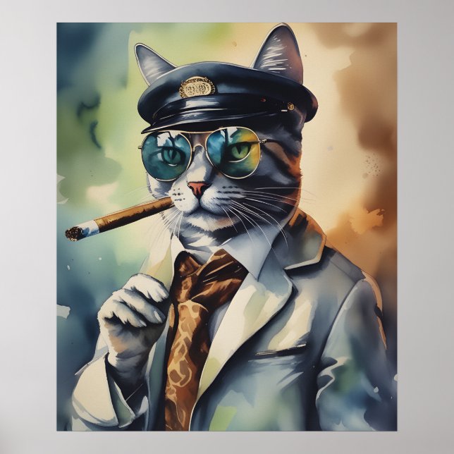 Cool Professor Cat Wall Art, Cigar Smoking Cat Poster (Front)