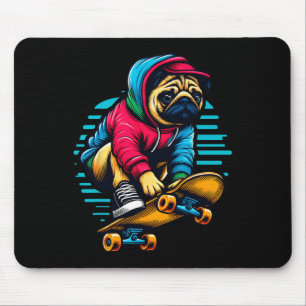 Cool Pug Dog Owner Skateboarding Illustration Art Mouse Pad
