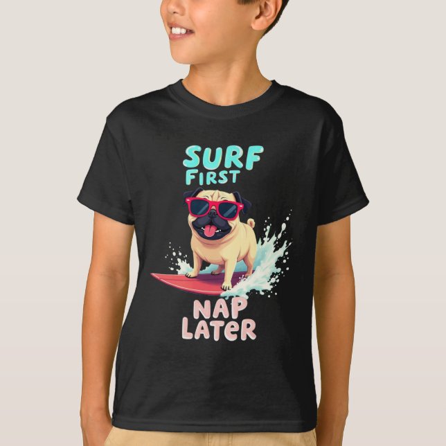 Cool Pug Surfing Dog  T-Shirt (Front)