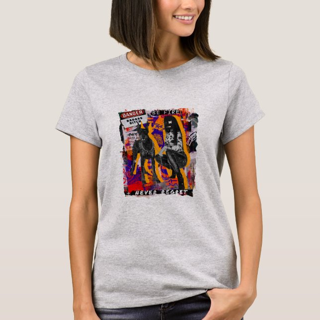 Cool Punk Danger Be Fire Woman and Dog Collage T-Shirt (Front)