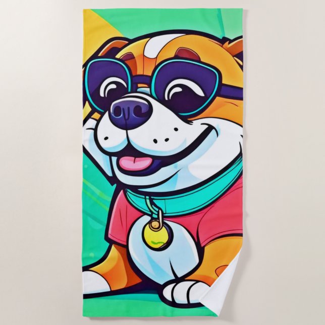 Cool Pup Cartoon Style Artwork Beach Towel (Front)