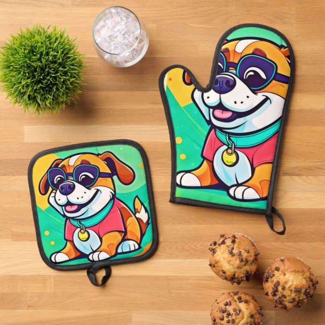 Cool Pup Cartoon Style Artwork Oven Mitt & Pot Holder Set (Top Down)