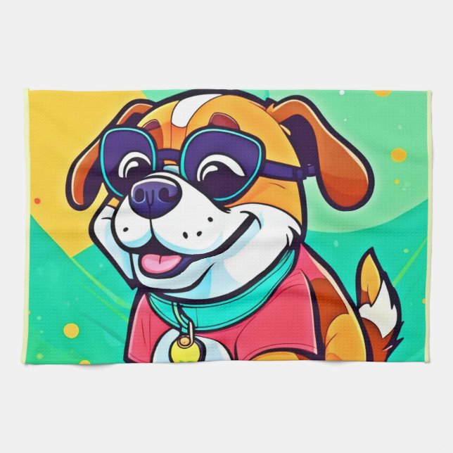 Cool Pup Cartoon Style Artwork Tea Towel (Horizontal)