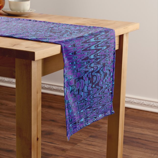 Cool Purple and Blue Abstract Tie Dye Retro Waves Short Table Runner (In Situ)