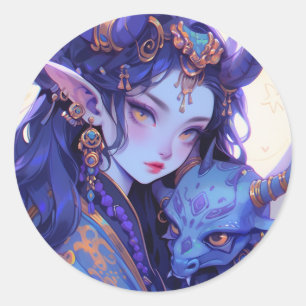 Cool Purple and Gold Horned Elf Anime Girl Classic Round Sticker