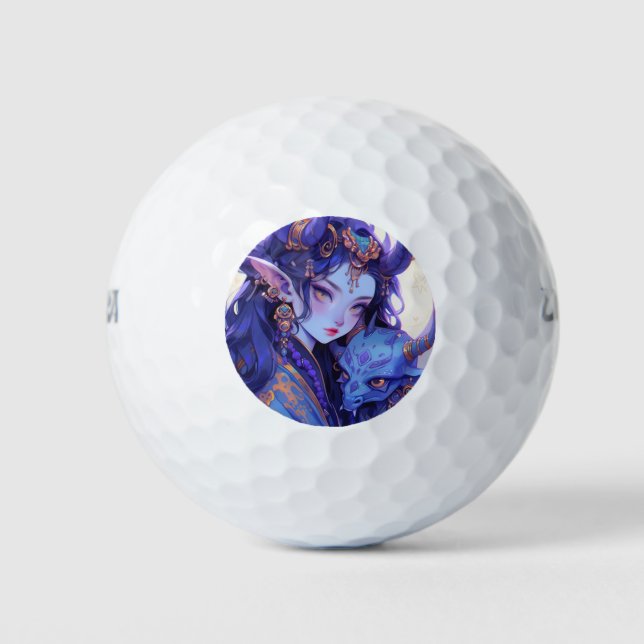 Cool Purple and Gold Horned Elf Anime Girl Golf Balls (Front)