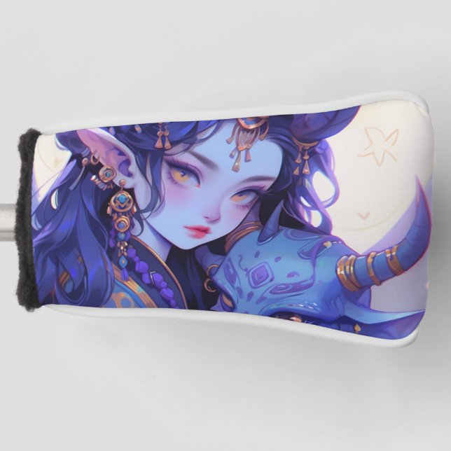 Cool Purple and Gold Horned Elf Anime Girl Golf Head Cover (Front)