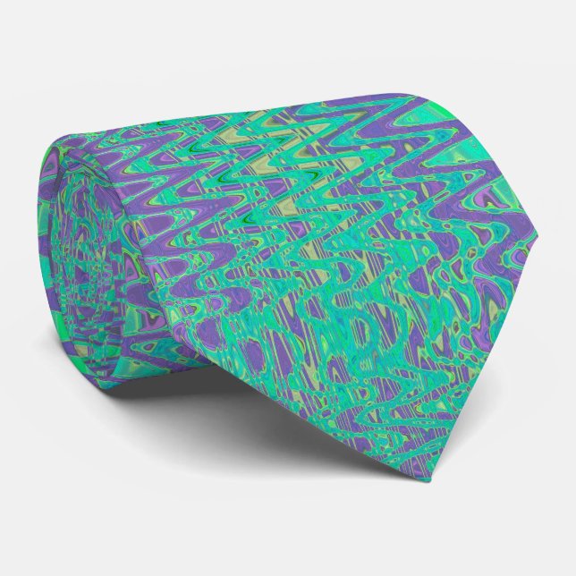 Cool Purple and Green Abstract Tye Dye Retro Waves Tie (Rolled)