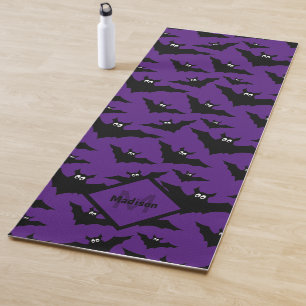 Cool purple black bats Halloween pattern Monogram Yoga Mat