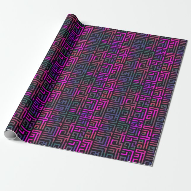 Cool Purple Green Grid Maze Line Pattern Wrapping Paper (Unrolled)