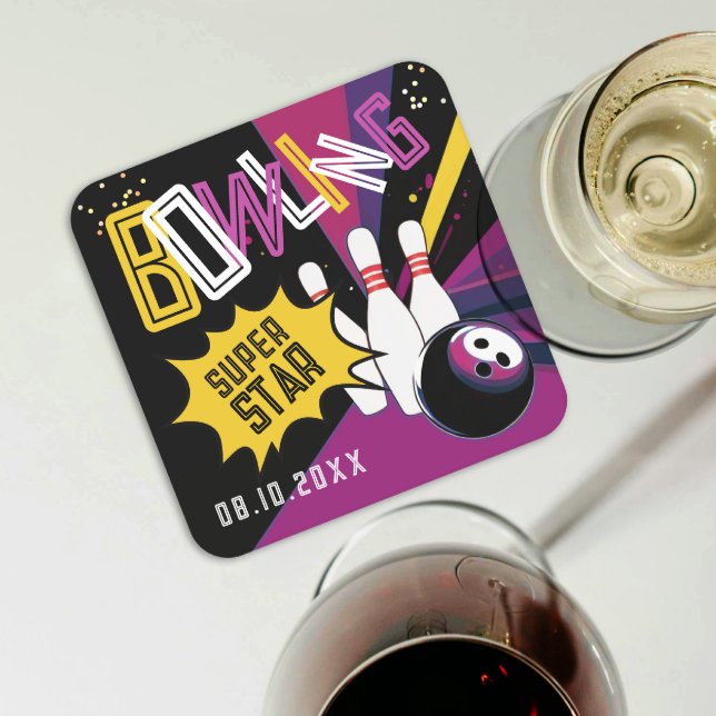 Cool Purple Pink Yellow Strike Bowling Star Pins Square Paper Coaster (Creator Uploaded)
