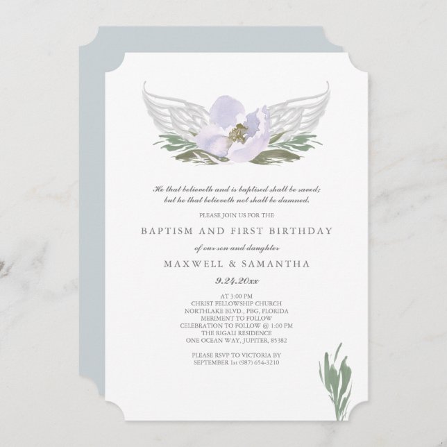 Cool Purple Watercolor Florals Angel Wings Baptism Invitation (Front/Back)