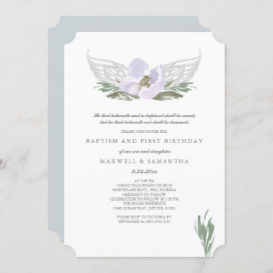 Cool Purple Watercolor Florals Angel Wings Baptism Invitation