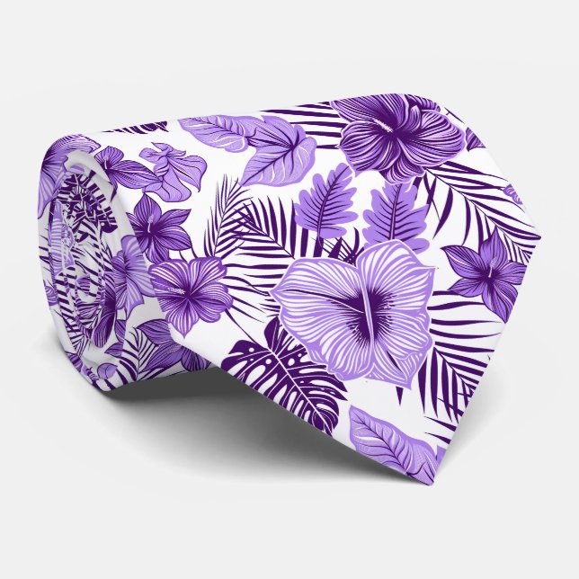 Cool purple white tropical floral tie (Rolled)