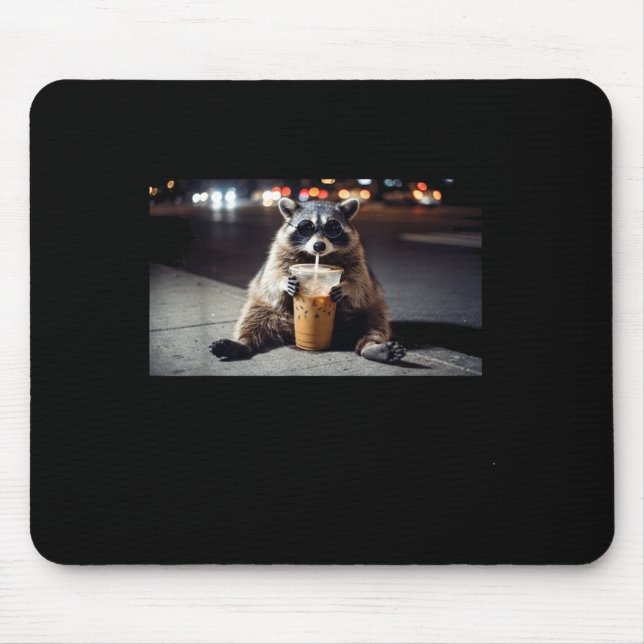 Cool raccoon drinking iced coffee at night funny mouse pad (Front)
