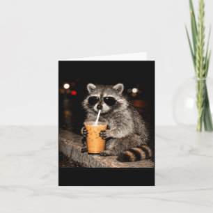 Cool raccoon drinking iced coffee funny meme anima card