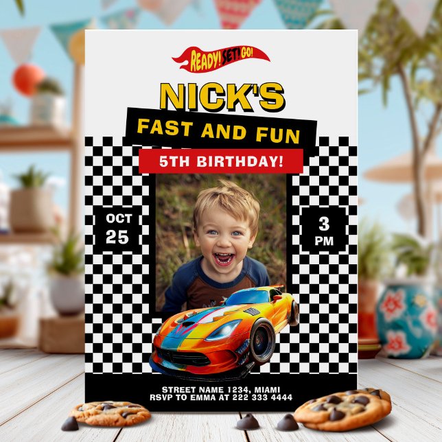 Cool Racing Car with photo Birthday Party Invitation (Creator Uploaded)