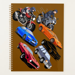 Cool Racing Cars and Motorcycles Pattern Notebook Planner
