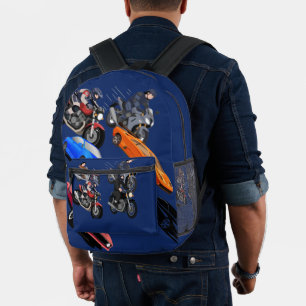Cool Racing Cars Print Blue Backpack, Fast Cars S Printed Backpack