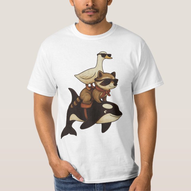 Cool Racoon and Duck Riding Orca T-Shirt (Front)