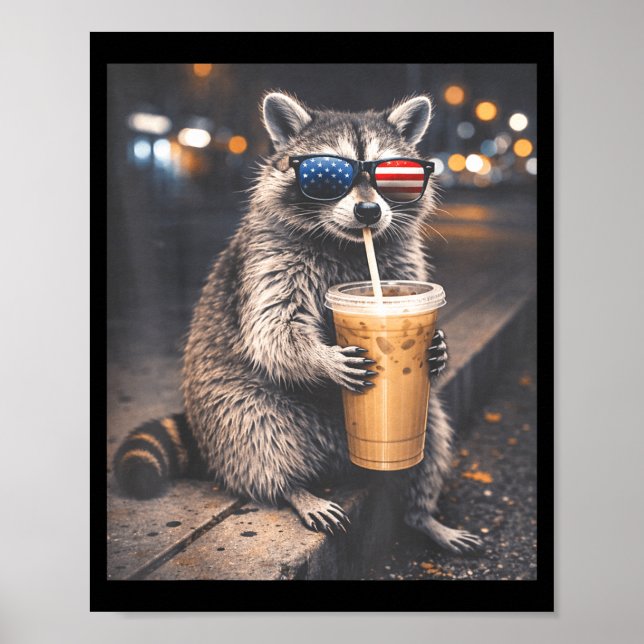 Cool racoon drinking iced coffee funny animal mem poster (Front)
