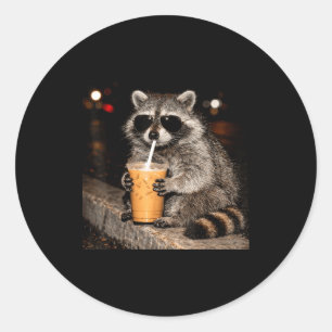 Cool racoon drinking iced coffee funny meme anima classic round sticker