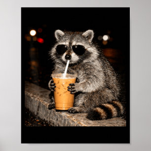 Cool racoon drinking iced coffee funny meme anima poster