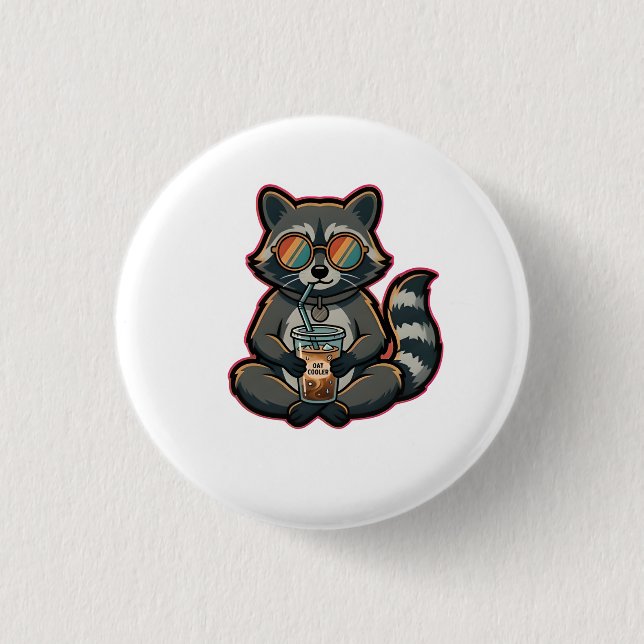 Cool Racoon Drinking Oat Milk Iced Coffee 3 Cm Round Badge (Front)