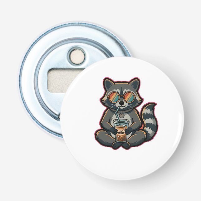 Cool Racoon Drinking Oat Milk Iced Coffee Bottle Opener (Front)