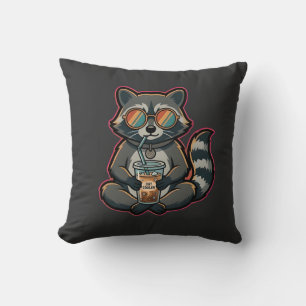 Cool Racoon Drinking Oat Milk Iced Coffee Cushion