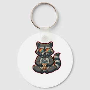 Cool Racoon Drinking Oat Milk Iced Coffee Key Ring